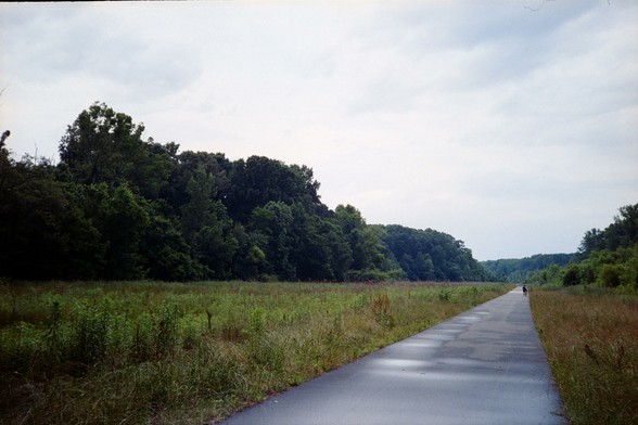 A long flat stretch of greenway, the path going through a large field bordered with trees