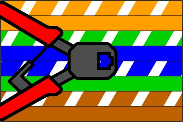A flag that looks kinda like Progress Pride Flag, but it's colors of wires in network cable according to T568B instead of a rainbow, and a wide open crimping tool on the left, the red handles of which kinda resemble the triangle of the original flag