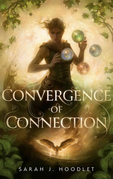 The cover of Convergence of Connection, the third book in The Way of the Wielder series.

Featured is a young woman standing in an active pose, her arms out before her, with four elemental spheres floating in the air at her side (green, gray, red, and blue). Behind her is a green and golden misty background, with leaves around the edges. 

Between the title and the author’s name is a vignette of an angelic figure hovering above a glass-like surface, staring out into a starlit sky. The vignette is in golden tones, which blends into the background above.