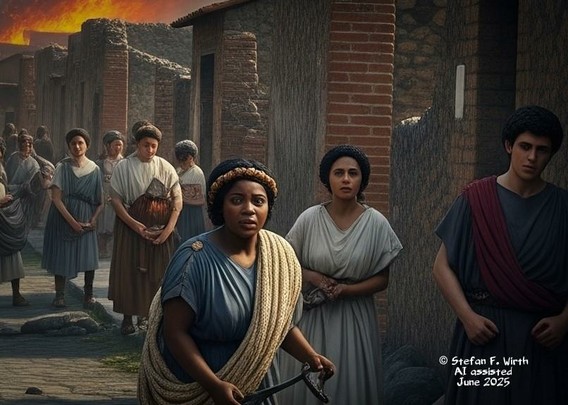 Scenery on Pompeii's streets shortly after Mount Vesuvius began erupting in 79 AD. That's what I imagined, when standing so often on these streets of today. AI assisted images of my fantasy, © Stefan F. Wirth, June 2025