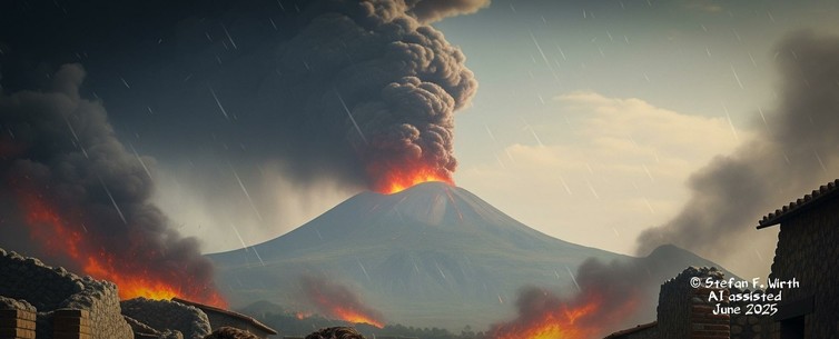 Scenery on Pompeii's streets shortly after Mount Vesuvius began erupting in 79 AD. That's what I imagined, when standing so often on these streets of today. AI assisted images of my fantasy, © Stefan F. Wirth, June 2025