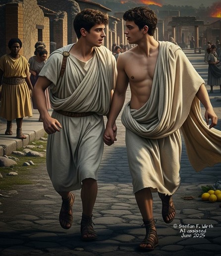 Scenery on Pompeii's streets shortly after Mount Vesuvius began erupting in 79 AD. That's what I imagined, when standing so often on these streets of today. AI assisted images of my fantasy, © Stefan F. Wirth, June 2025