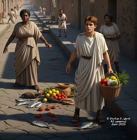 Scenery on Pompeii's streets shortly after Mount Vesuvius began erupting in 79 AD. That's what I imagined, when standing so often on these streets of today. AI assisted images of my fantasy, © Stefan F. Wirth, June 2025