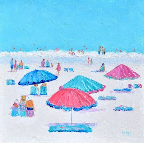 A beach painting featuring colorful beach umbrellas, families relaxing on towels, and carefree swimmers wading in the gentle surf, this artwork captures the joyful spirit of a summer day by the sea.