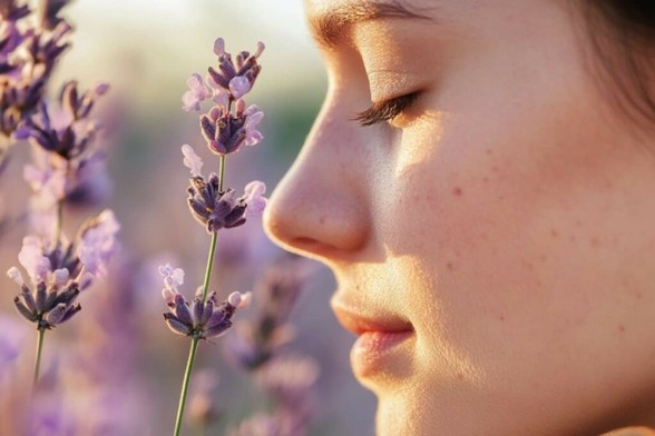 This shows a woman smelling a flower.