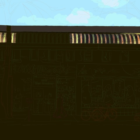 A complex outline of a children's book store in a late afternoon day in December. There's an awning with alternating stripes of colour that I am slowly working through. The shadows of tree branches on the fabric makes this a slow and tedious process.