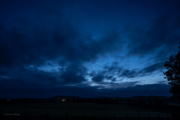 An early morning sky image with a low dark horizon and scattered house lights, the sky above is deep blue with streaks of dark cloud, Noctilucent clouds can just be seen next to the tree silhouetted on the far right