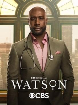 Promotional image for the CBS series "Watson," featuring a handsome man in a suit with a stethoscope around his neck. He stands in front of large windows with a city skyline in the background.