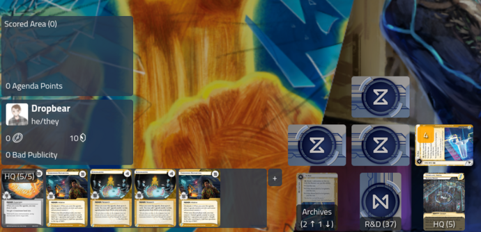 A game of Netrunner on the online client playing as Nebula - five agendas are in HQ (Hand).