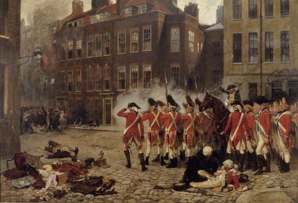 Das Gemälde zeigt die Straßenkämpfe während der Gordon Riots. Rechts im Bild eine Abteilung Soldaten, die auf die links im Hintergrund protestierenden Menschen schießen. Im Vordergrund kümmert sich ein Arzt um einen verletzten Offizier. Daneben liegen zwei tote Menschen.