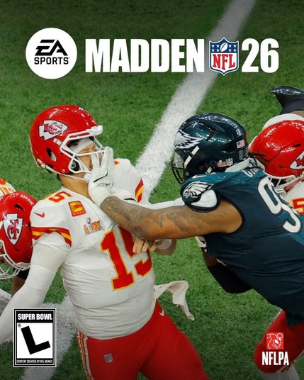 A fake cover of Madden 26 with the eagles jalen Carter smashing Patrick mahomes in the face.