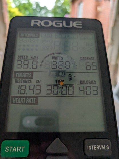 Image of the echo bike monitor showing 30min elapsed and 18.43km done.
