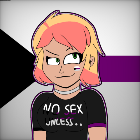 Chris Samsonov (A Pink Salmon/Peach-Colored Short Hair With Green Eyes) Seems Using Demisexual-Themed Accessories, Has Demisexual Flag On Her Cheek, A Black Shirt Written "No Sex, Unless..." And Demisexual Flag On Background.