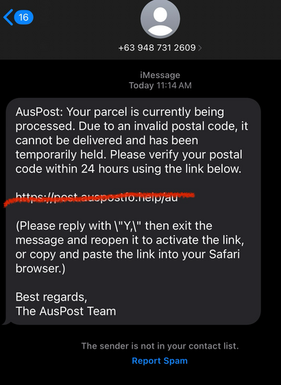 Spam imessage showing phishing link, claiming to be from Auspost