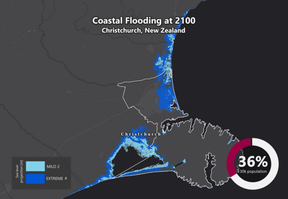 A map of mid-Canterbury, New Zealand, made by Earth.org, that projects 2 m and 4 m sea level rise. 4 m is the "Extreme 4" scenario (which is looking more and more likely as the years go by and atmospheric carbon dioxide keeps rising). At 4 m, 36% of the city of Christchurch will be underwater. If the West Antarctic Ice Sheet melts, that will add 4 metres of sea level rise to all the other sea level rise caused by global warming (like ocean expansion and Greenland melting). 

Maybe Rolleston really will be the town of the future.

The map is from https://earth.org/data_visualization/sea-level-rise-by-2100-christchurch/
