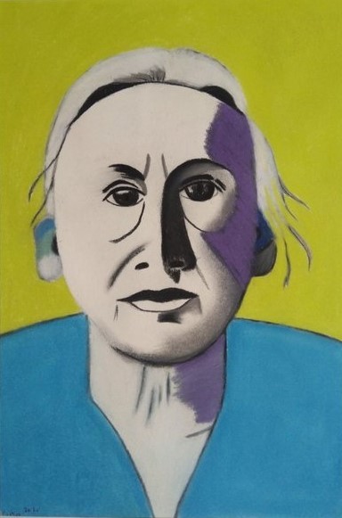 Colourful pastel drawing of Käthe Kollwitz, in yellow and light blue, made by Corina Karstenberg in Maastricht