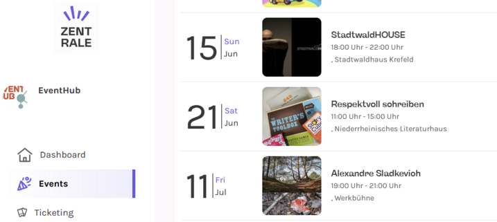 Screenshot einer Veranstaltungsliste auf Rausgegangen