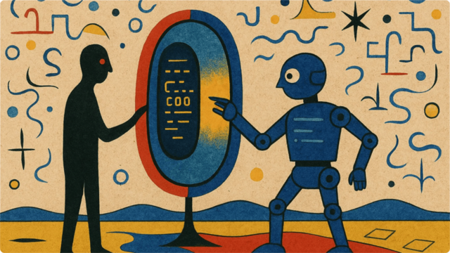 A screenshot of one of Elliott's slides from his talk with a human and robot pointing at some code on a futuristic screen