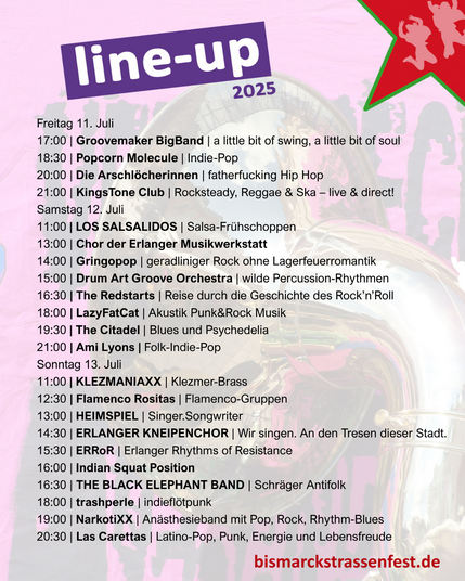 Musikprogramm Bismarckstraßenfest 2025 auf Hintergrundfoto Tuba vor lila Transparent