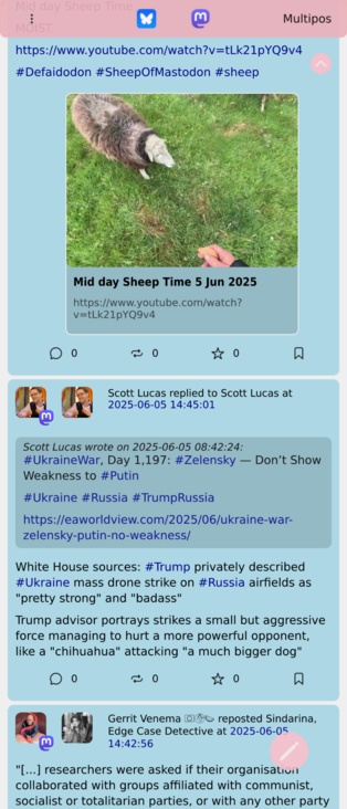 Screenshot of the Multipos app with a theme active. Showing both Mastodon and Bluesky posts.