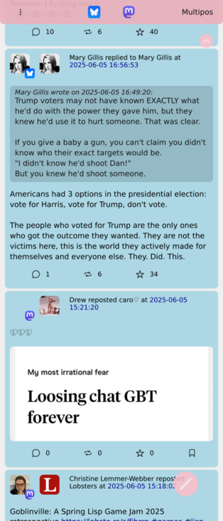 Screenshot of the Multipos app with a theme active. Showing both Mastodon and Bluesky posts.
