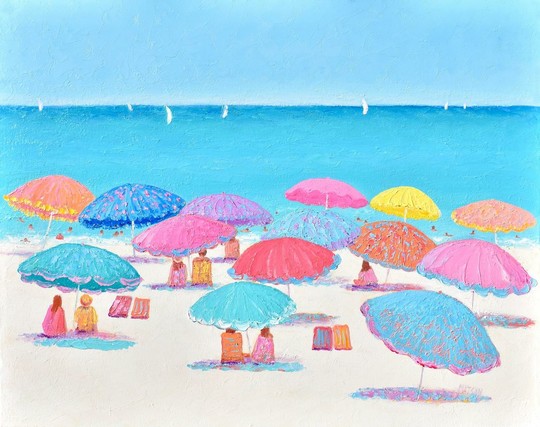 Beach art titled "Beach Life in Full Color" features crowds of colorful, textured beach umbrellas along the sandy shore and people relaxing beneath on a summer's day. A few sailboats can be seen in the distance, gliding along the horizon under a clear sky.