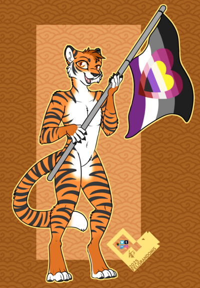 Digital art of a tiger character holding up a pride flag with Ace, Lesbian, and Non-binary colors.