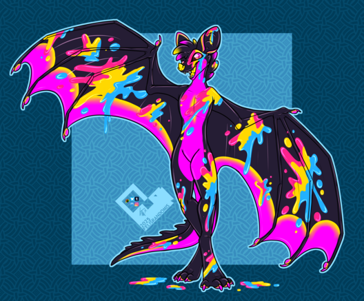 Digital art of a rubber bat character, splattered with Pan themed paint