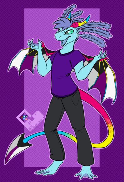 Digital art of an axolotl character looking a bit devious with a Pride Month Demon look, with Pan and Ace themed horns, wings, and tail.