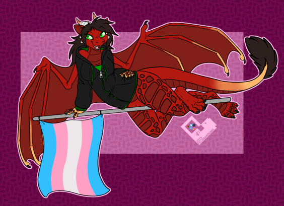 Digital art of a red dragon character lounging on her side, riding a trans flag much like a broom.