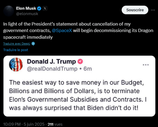 Capture d'écran d'un talent de Musk disant qu'au vu des déclarations de Trump, il commencera immédiatement à decommisionner Crew Dragon