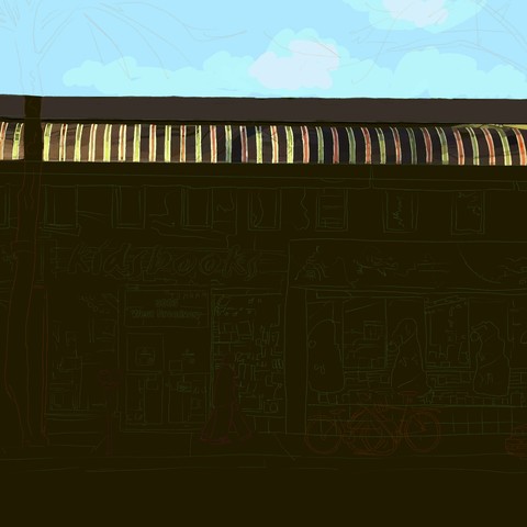 A complex outline of a children's book store with a painted blue sky with some clouds and a striped awning in alternating colours. But there are yet to be drawn trees that are casting shadows on the stripes making it so complicated to render.