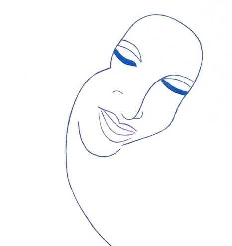 Pastel tekening van een jonge vrouw. Achtergrond wit met een elegante lijn die het gezicht vormt.