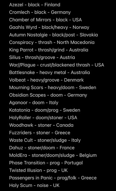 Azezel - black - Finland
Cromlech - black - Germany
Chamber of Mirrors - black - USA
Gaahls Wyrd - black/heavy - Norway
Autumn Nostalgie - black/post - Slovakia
Conspiracy - thrash - North Macedonia
King Parrot - thrash/grind - Australia
Silius - thrash/groove - Austria
War//Plague - crust/blackened thrash - USA
Battlesnake - heavy metal - Australia Volbeat - heavy/groove - Denmark
Mourning Scars - heavy/doom - Sweden
Obsidian Scapes - doom - Germany
Aganoor - doom - Italy
Katatonia - doom/prog - Sweden HolyRoller - doom/stoner - USA
Woodhawk - stoner - Canada
Fuzzriders - stoner - Greece
Waste Cult - stoner/sludge - Italy
Dahuz - stoner/doom - France
MoldEra - stoner/doom/sludge - Belgium
Phase Transition - prog - Portugal
Twisted Illusion - prog - UK
Passengers in Panic - prog/folk - Greece
Holy Scum - noise - UK