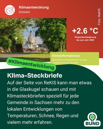 Titelbild zum Thema Klimaentwicklung in Dresden. Oben ein roter Kasten mit der Überschrift „Klimaentwicklung Dresden“ und dem Hinweis auf eine mögliche Temperatursteigerung von +2,6 °C bis zum Jahr 2050. Darunter ein Foto der Dresdner Altstadt mit viel Grün im Vordergrund. In einem Textfeld wird auf die Klima-Steckbriefe des ReKIS hingewiesen, mit denen man lokale Klimaentwicklungen wie Temperatur, Schnee und Regen für jede Gemeinde in Sachsen einsehen kann. Unten rechts das Logo des BUND.