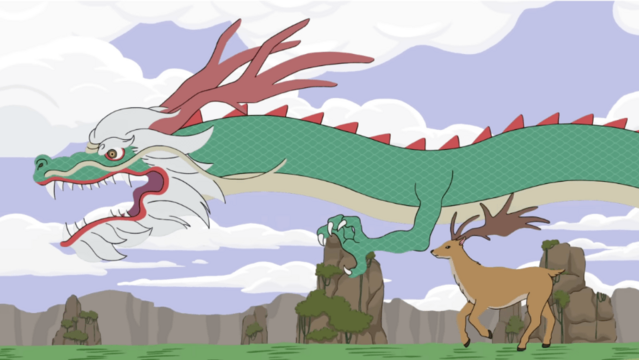 A medieval-style illustration showing a large dragon with spread wings confronting a knight in armor holding a sword and shield.