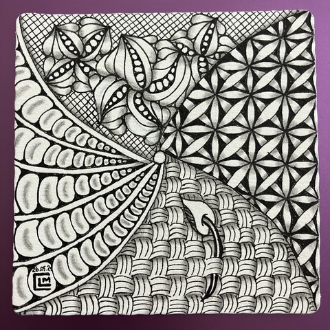 Finished tile with black ink patterns and graphite shading