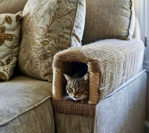 ALT

En la imagen, se observa un gato de pelaje rayado y ojos verdes descansando dentro de un hueco en el brazo de un sofá. El hueco está cubierto con una tela de juta, creando un refugio acogedor para el felino. El sofá es de color beige, con almohadas decorativas de tonos similares, una de las cuales presenta un patrón floral. La textura de la tela de juta contrasta con el tejido del sofá, proporcionando un toque rústico y natural. El gato parece estar relajado y cómodo, con la cabeza ligeramente inclinada hacia adelante. La escena transmite una sensación de tranquilidad y comodidad en un entorno hogareño.