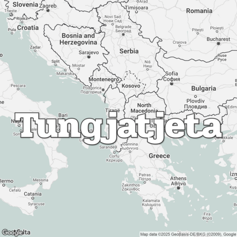 Map of Albania overlaid with a translation of the word "hello": Tungjatjeta.
