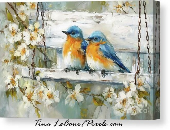 This is a canvas painting of two eastern bluebirds perched on a swing together with white blossom flowers having a little romance.