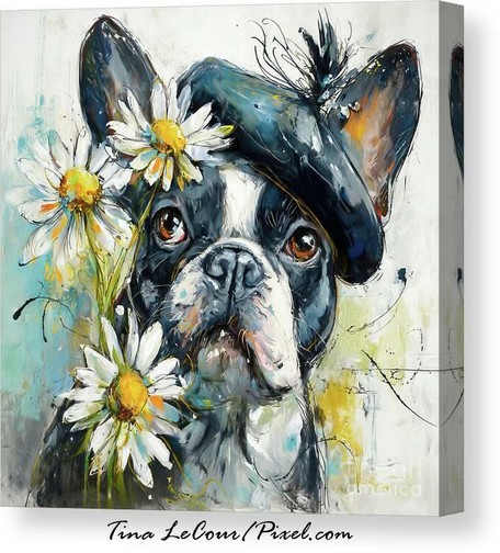 This is canvas of a fun whimsical french bulldog named Monsieur Milo wearing  a black beret posing in some fun daisy flowers.