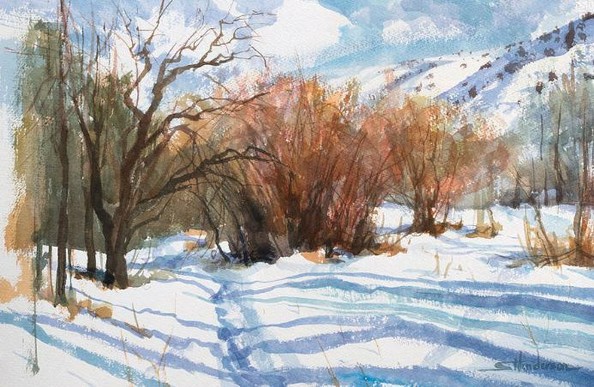 Art print of an original watercolor painting depicting a snowy country scene.