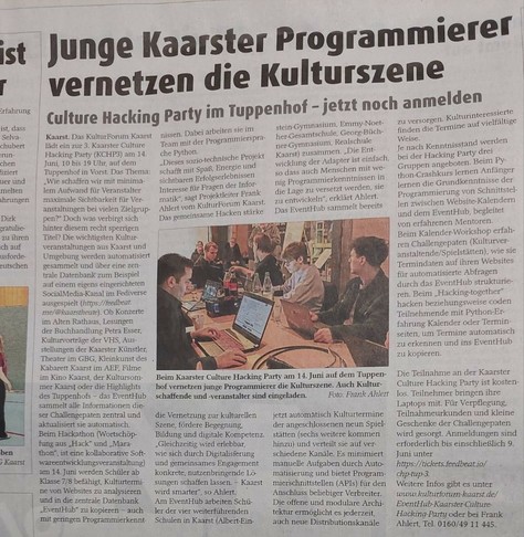 Ausschnitt aus dem Kaarster Extratip mit dem Titel Junge Kaarster Programmierer vernetzen die Kulturszene.