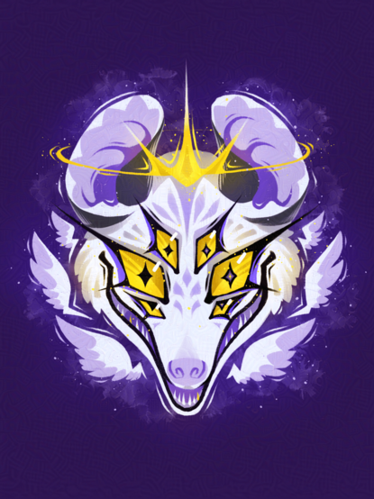 An opossum face with six eyes and a golden crown, all in nonbinary pride flag colors.
