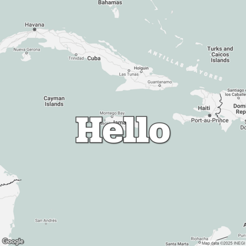 Map of Jamaica overlaid with a translation of the word "hello": Hello.