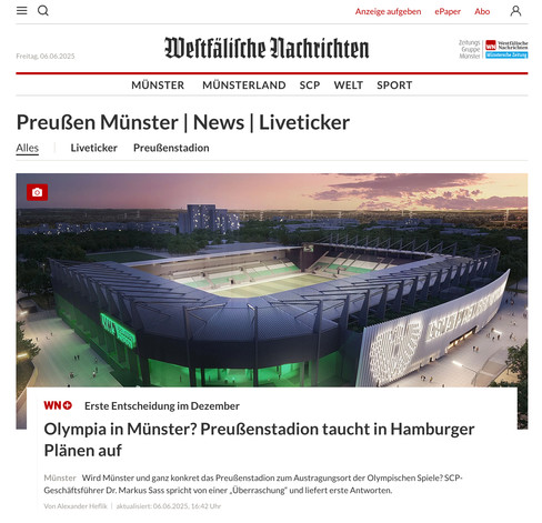Erste Entscheidung im Dezember
Olympia in Münster? Preußenstadion taucht in Hamburger Plänen auf

Münster

Wird Münster und ganz konkret das Preußenstadion zum Austragungsort der Olympischen Spiele? SCP-Geschäftsführer Dr. Markus Sass spricht von einer „Überraschung“ und liefert erste Antworten.