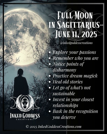 The left half of the image contains a full moon in front of dark clouds. The text describes the energies that will be prominent during the Full Moon in Sagittarius on June 11th, and how you can work with them. The text reads, "Explore your passions. Remember who you are. Notice points of disharmony. Practice dream magick. Heal old stories. Let go of what's not sustainable. Invest in your closest relationships. Bask in the recognition you deserve." Presented by Inked Goddess Creations.