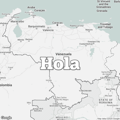 Map of Venezuela overlaid with a translation of the word "hello": Hola.