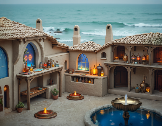 A charming seaside alchemist's cottage with glowing bottles and lanterns, terracotta roofs, and a blue courtyard fountain, blending rustic architecture with magical fantasy ambiance.