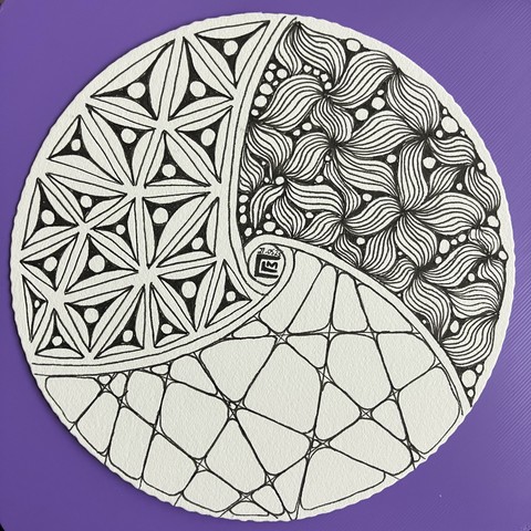 Tile with black ink patterns finished, waiting for shading